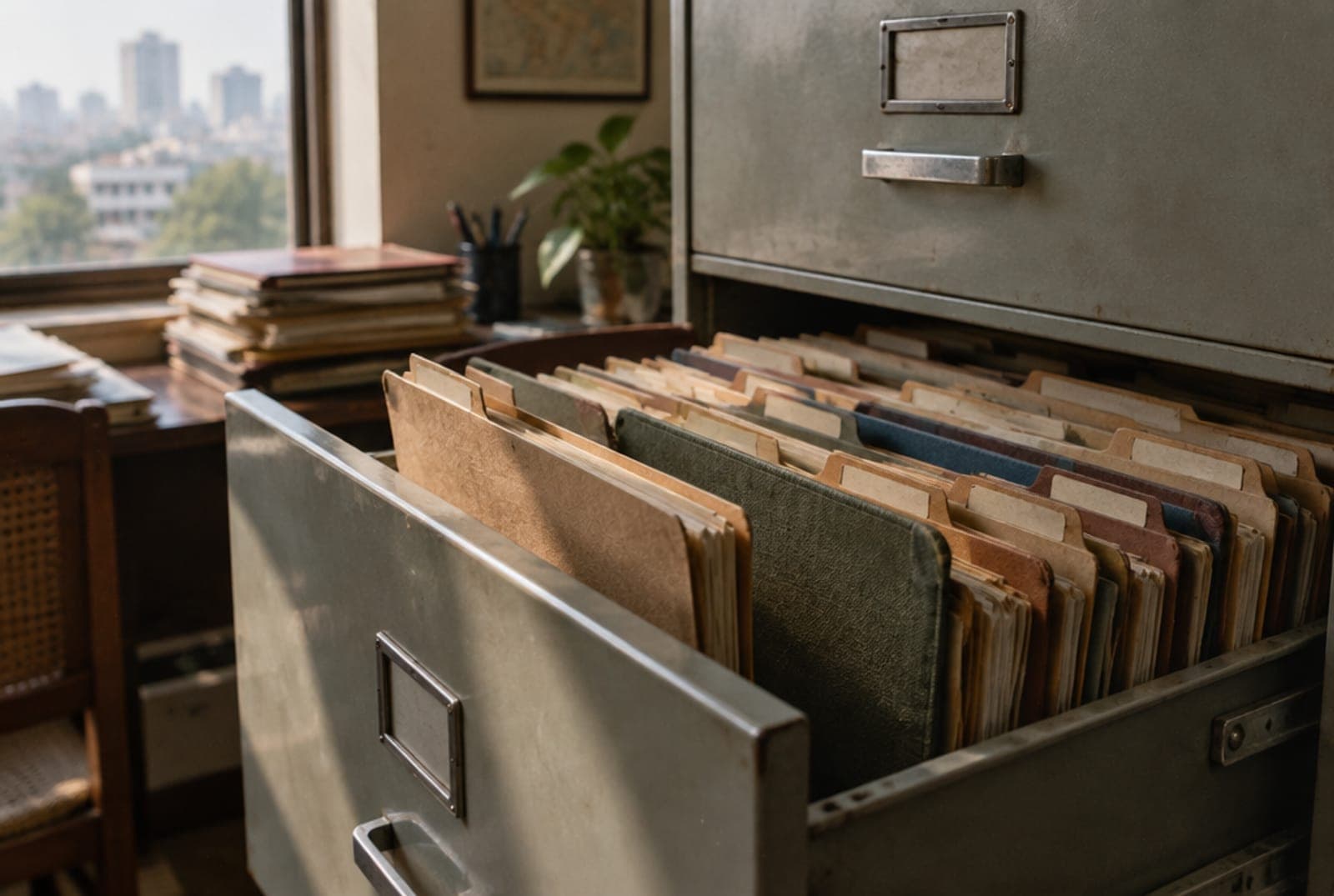 A steel filing cabinet drawer full of client folders