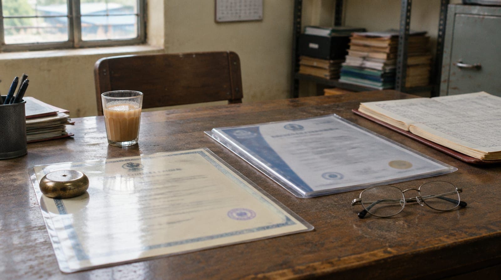 A factory office desk with a licence under a brass paperweight